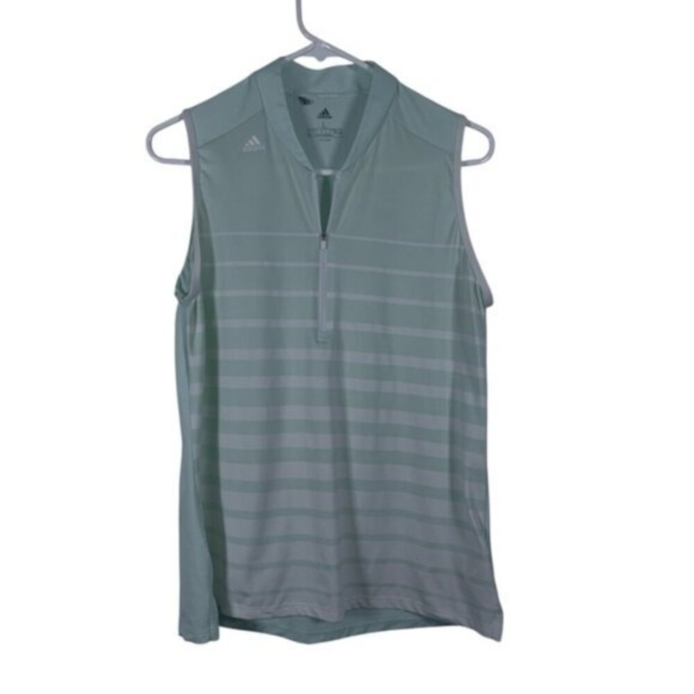 Adidas No Collar Polo Quarter Tip Blouse Light Green White Stripe Size Large EUC